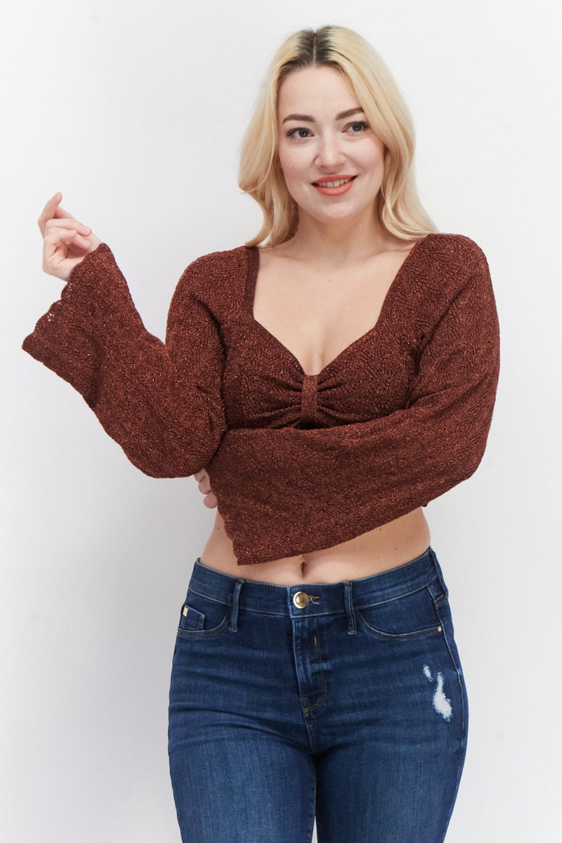 RIVER ISLAND Women Diamond Neck Long Sleeve Textured Top, Rust - Image 1