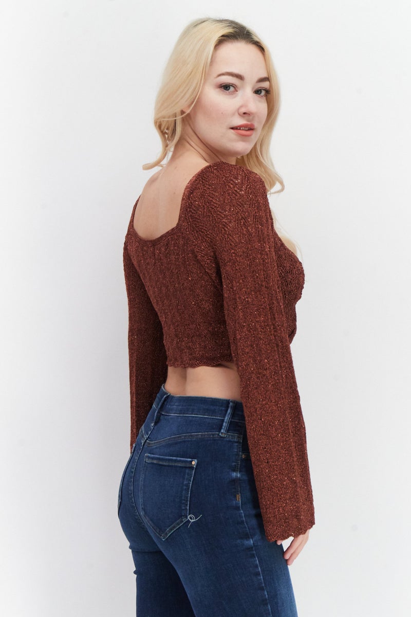 RIVER ISLAND Women Diamond Neck Long Sleeve Textured Top, Rust - Image 2