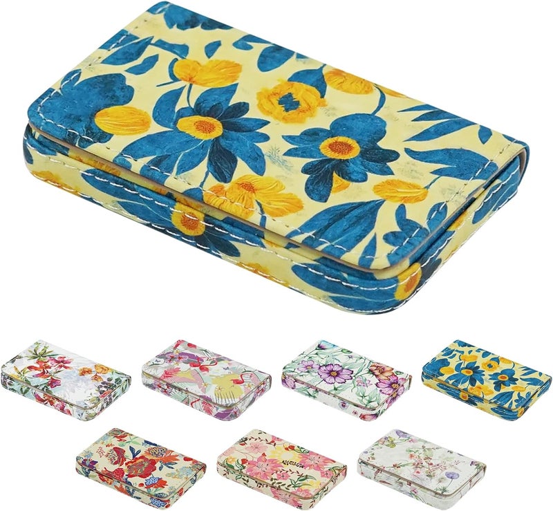 AI-DEE Business Card Holder，PU Leather Business Card Case Color Printing Pattern Card Holder Wallet，Pockets Magnetic Credit Card Holders for Men and Women - Pink Flowers - Image 1