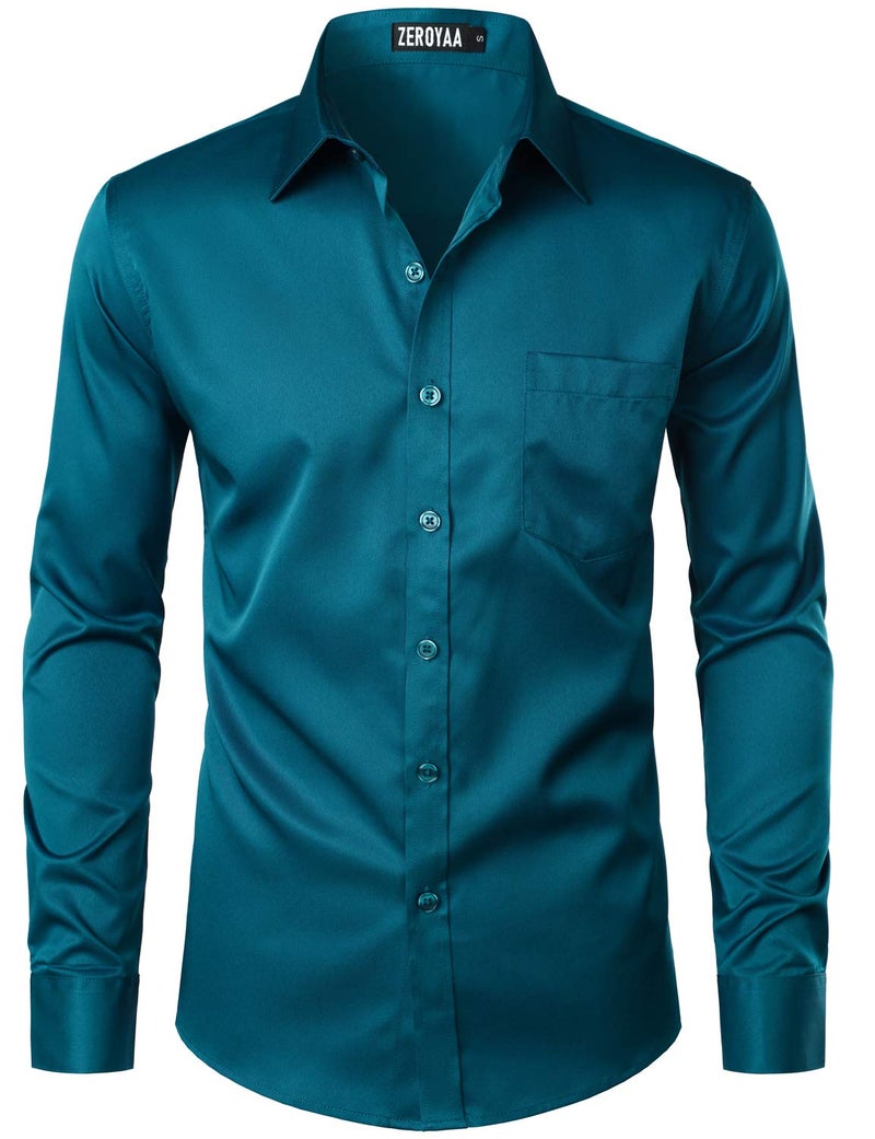 ZEROYAA Mens Urban Stylish Casual Business Slim Fit Long Sleeve Button Up Dress Shirt with Pocket ZLCL29 Teal XXLarge