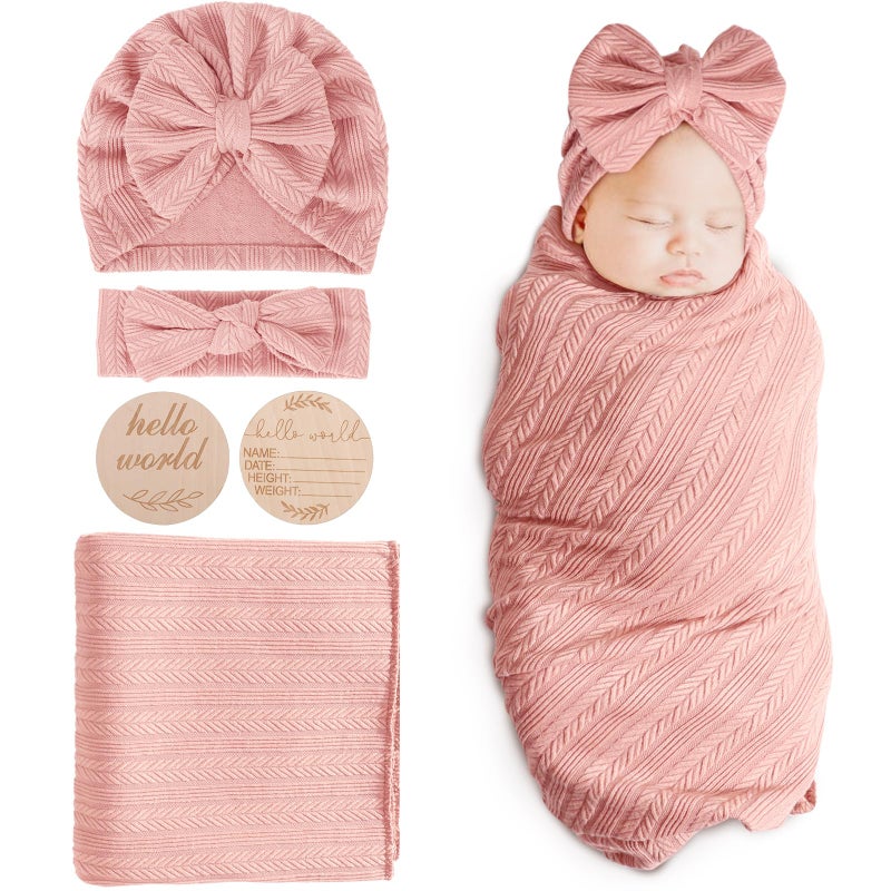 DRESHOW BQUBO Baby Swaddle Blankets for Girls, 4PCS Newborn Accessories Set with Matching Hat and Bow Headband with Card - Image 1