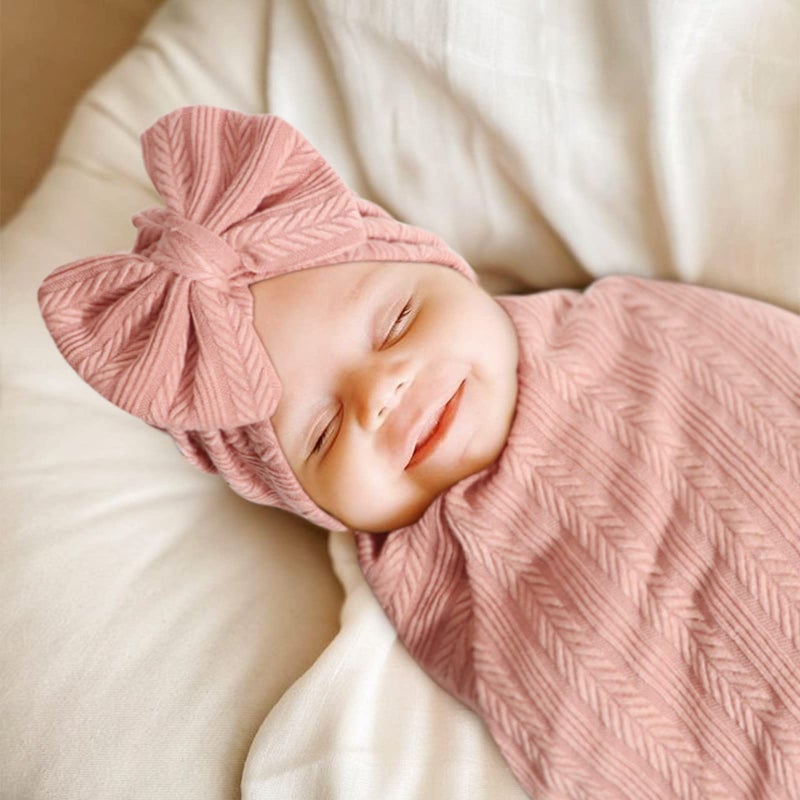 DRESHOW BQUBO Baby Swaddle Blankets for Girls, 4PCS Newborn Accessories Set with Matching Hat and Bow Headband with Card - Image 2
