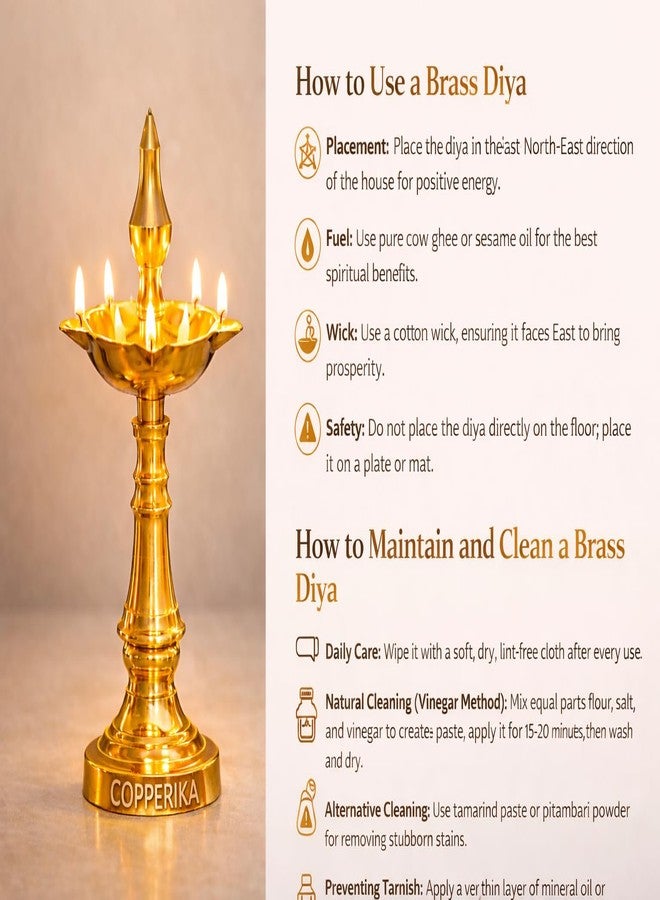 Copperika Premium Brass Diya Kerala Samai 10 Inch (Set of 2)|Traditional Oil Lamp Deepak Lamp Kutthu vilakku Panchmahal Deepam for Pooja Mandir Diwali Indian Puja Ganesh Chaturthi ReturnGift - Image 4