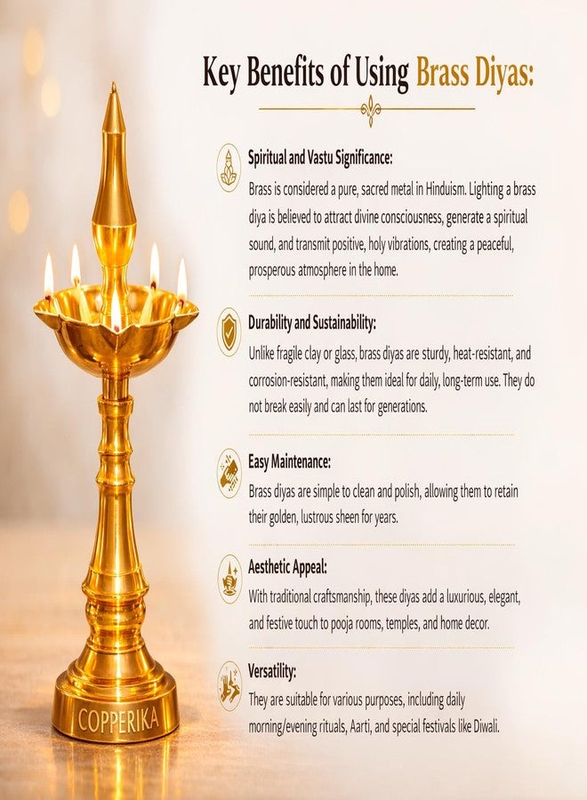 Copperika Premium Brass Diya Kerala Samai 10 Inch (Set of 2)|Traditional Oil Lamp Deepak Lamp Kutthu vilakku Panchmahal Deepam for Pooja Mandir Diwali Indian Puja Ganesh Chaturthi ReturnGift - Image 3
