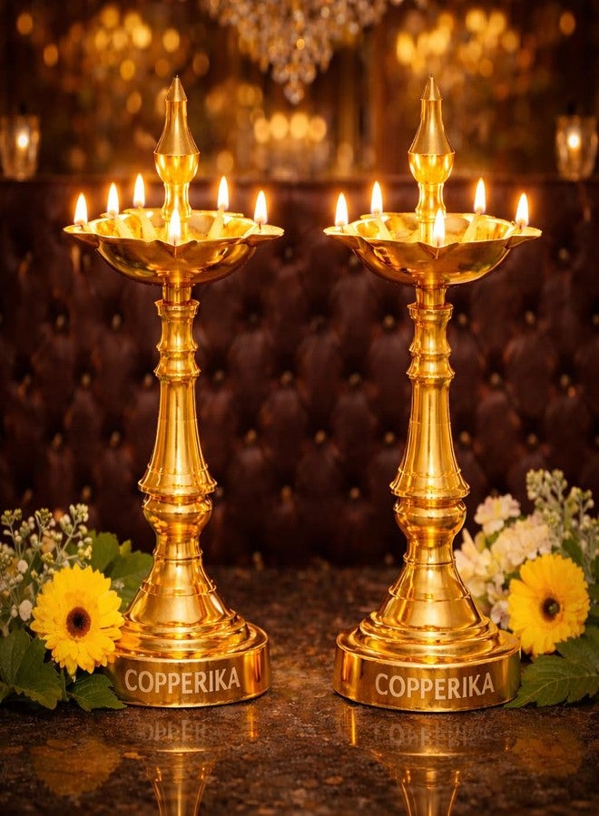 Copperika Premium Brass Diya Kerala Samai 10 Inch (Set of 2)|Traditional Oil Lamp Deepak Lamp Kutthu vilakku Panchmahal Deepam for Pooja Mandir Diwali Indian Puja Ganesh Chaturthi ReturnGift - Image 1