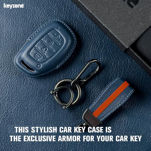 Keyzone Royal Leather Key Cover fit for Hyundai Alcazar, Creta 2021+, Creta EV 4-Button Smart Key, (Celestial Blue) - Image 2