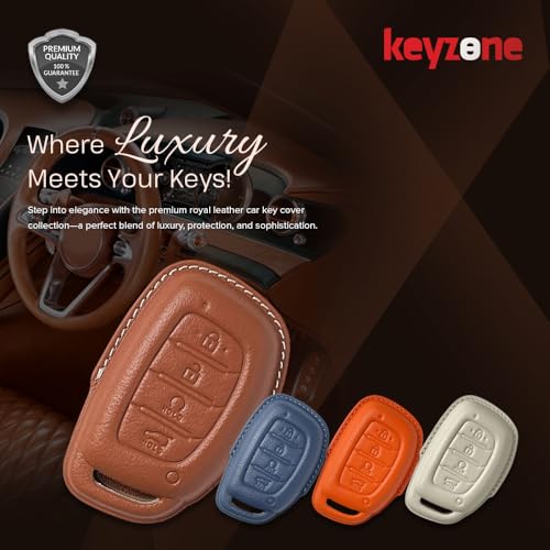 Keyzone Royal Leather Key Cover fit for Hyundai Alcazar, Creta 2021+, Creta EV 4-Button Smart Key, (Celestial Blue) - Image 3