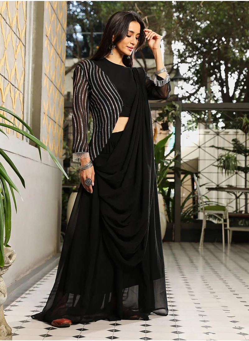 QISSA Women's Midnight Black Embellished Lined Pre-Draped Saree