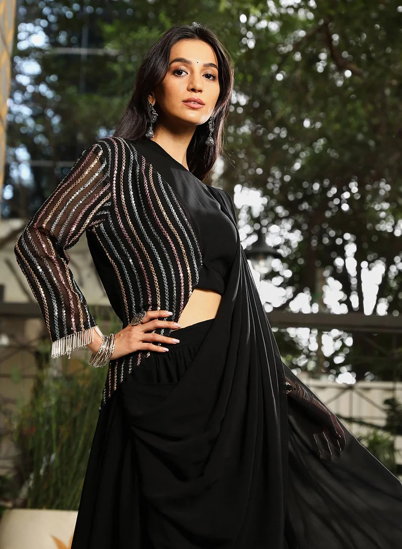 QISSA Women's Midnight Black Embellished Lined Pre-Draped Saree
