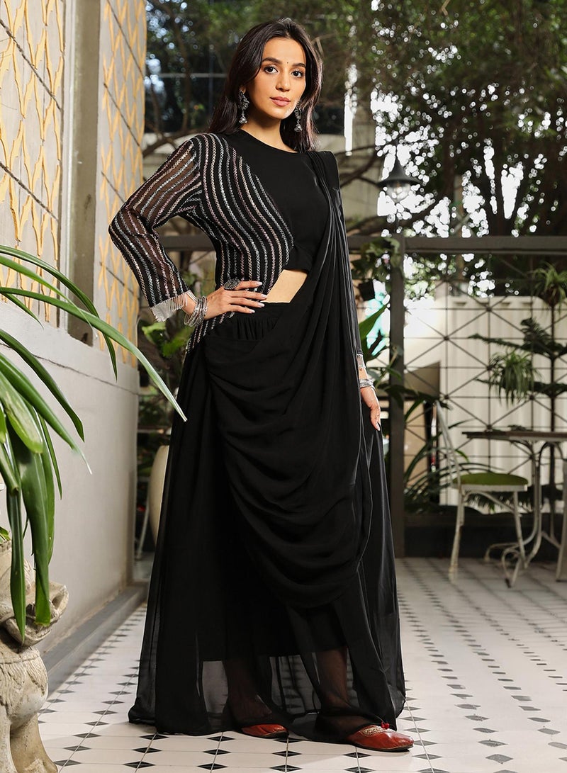 QISSA Women's Midnight Black Embellished Lined Pre-Draped Saree  - Image 3
