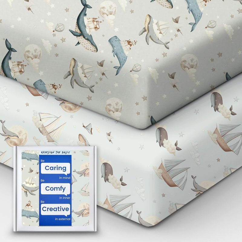 TOTBASIC Premium Fitted Baby Boy Crib Sheets for Standard Crib Mattress - Ultra-Soft Jersey Knit Crib Mattress Sheet, Safe and Snug, Durable, Stylish Crib Sheet, 28''x52''x9'' Extra Deep Pocket (Whale Dreams) - Image 1