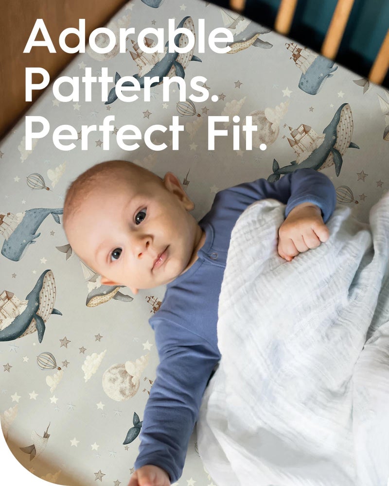 TOTBASIC Premium Fitted Baby Boy Crib Sheets for Standard Crib Mattress - Ultra-Soft Jersey Knit Crib Mattress Sheet, Safe and Snug, Durable, Stylish Crib Sheet, 28''x52''x9'' Extra Deep Pocket (Whale Dreams) - Image 3