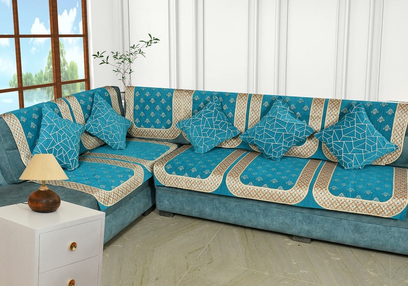 SAWNA HOMES L Shape 7 Seater Velvet Chenille Sofa Cover Set | Printed Sofa Back Covers with Ties | Anti-Slip Royal Look Sofa Protector for 3,2,1 Seater Sofa for Living Room (11 Pcs, Sky Blue) - Image 1