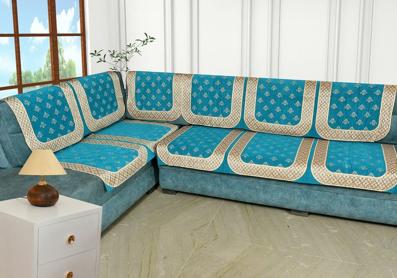 SAWNA HOMES L Shape 7 Seater Velvet Chenille Sofa Cover Set | Printed Sofa Back Covers with Ties | Anti-Slip Royal Look Sofa Protector for 3,2,1 Seater Sofa for Living Room (11 Pcs, Sky Blue) - Image 2
