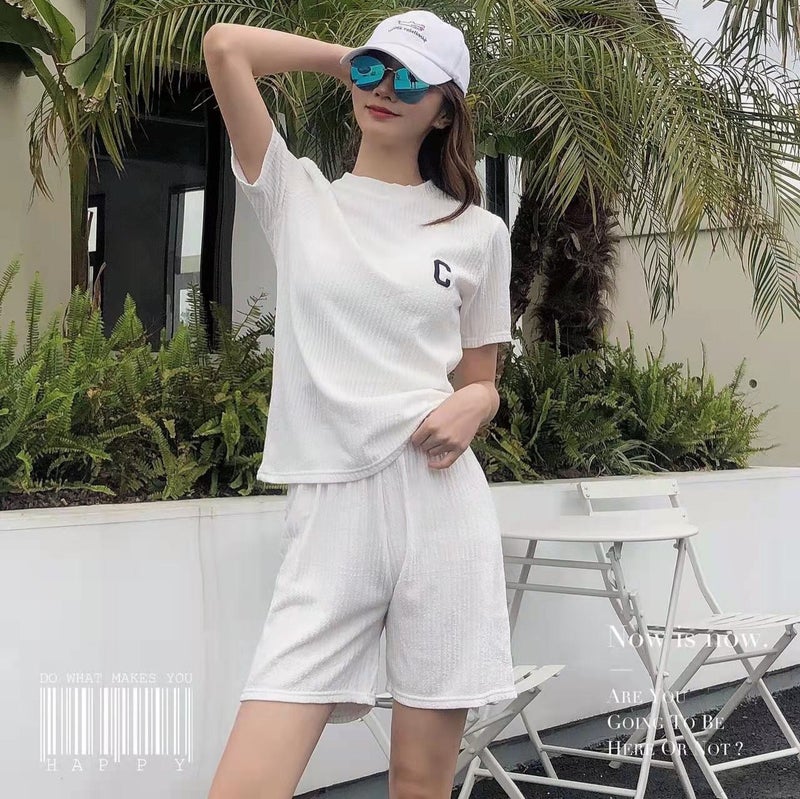 Chic Letter Print Pleated Sleeve Short Set White  - Image 3