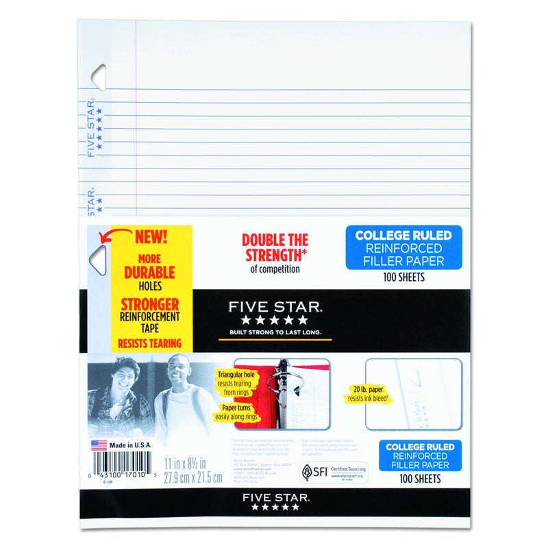 Five Star 17010 Reinforced Filler Paper, 20lb, College Rule, 11 x 8 1/2, White, 100 Sheets - Image 1