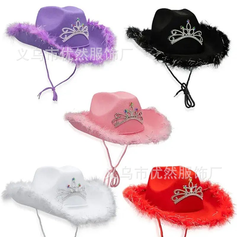 Factory Spot Feather Edge Crown Cowboy Hat Sequins Pink Silver Edge Crown Western Colored Diamond Cowboy Hat - Image 2