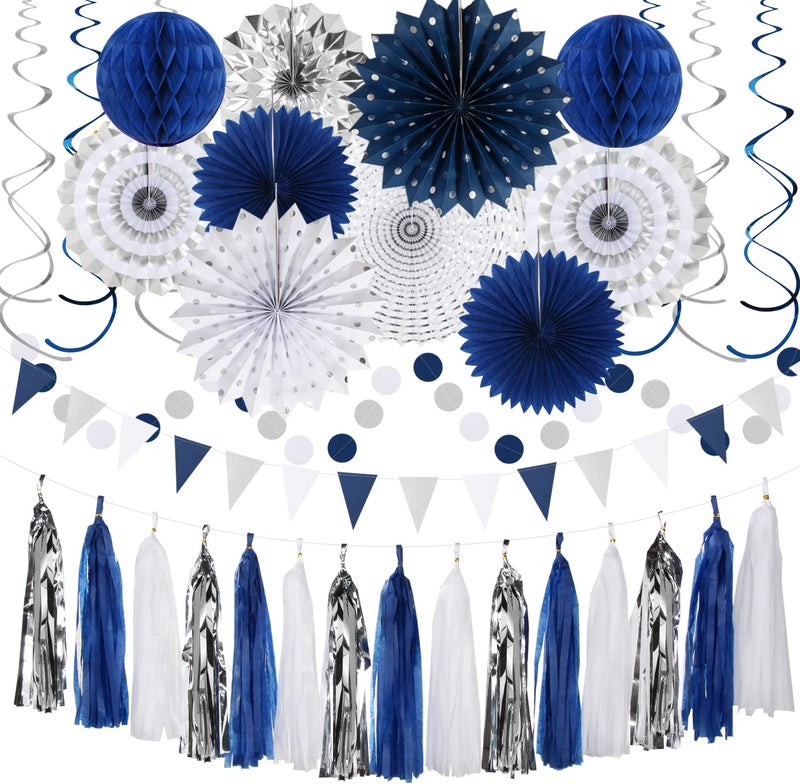 NavyBlue WhiteSilver Graduation PartyDecorations  33pcs Kits Banner Streamers Tassel GarlandTissue Pom Poms Honeycomb Paper Lantern FansWedding Birthday Baby Shower Backdrop Decor Hugtmr