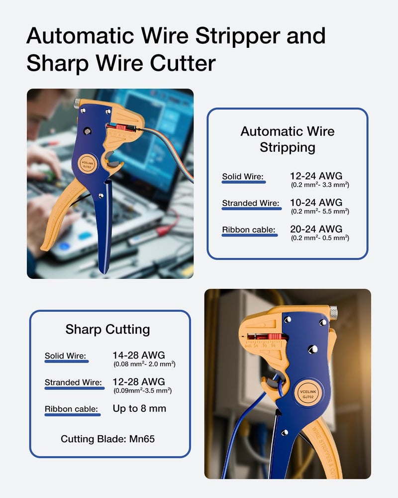 VCELINK Wire Stripper and Cutter, Professional Quick Strip Automatic Wire Stripper, 2 in 1 Adjustable Electrical Cable Wire Stripping Tool&Eagle Nose Self-Adjusting Wire Pliers (7-Inch) - Image 2