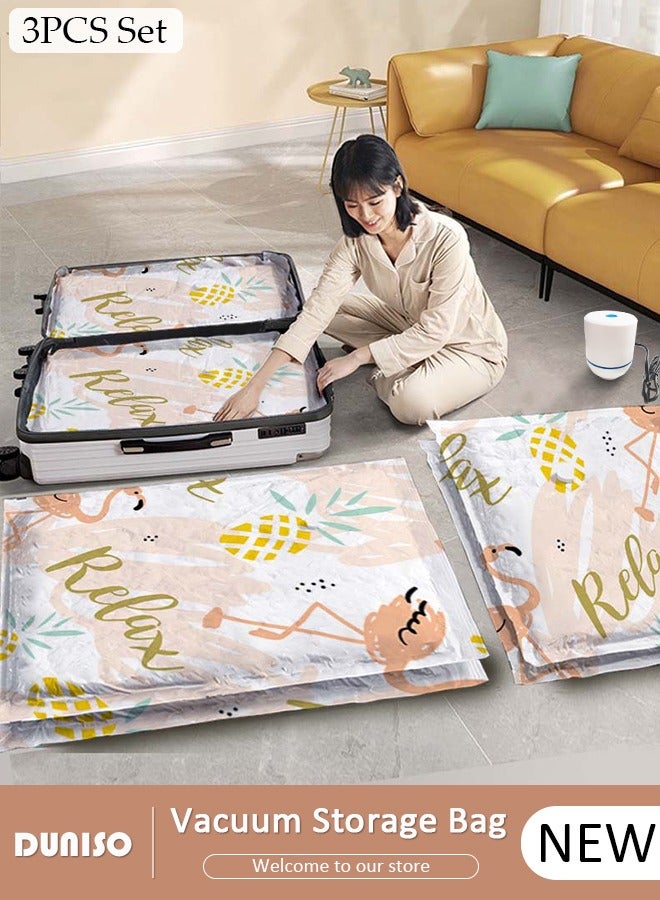 DUNISO Vacuum Storage Bags with Electric Pumps without Odor,3 Pack(1 Jumbo+1 Large+1 Medium ) ,Healthy Reusable Portable Environmentally Friendly Flamingo Pattern Space Saver Bags Thickened for Clothes, Mattress, Blanket, Duvets, Pillows, Comforters, Quilt, Travel - Image 1