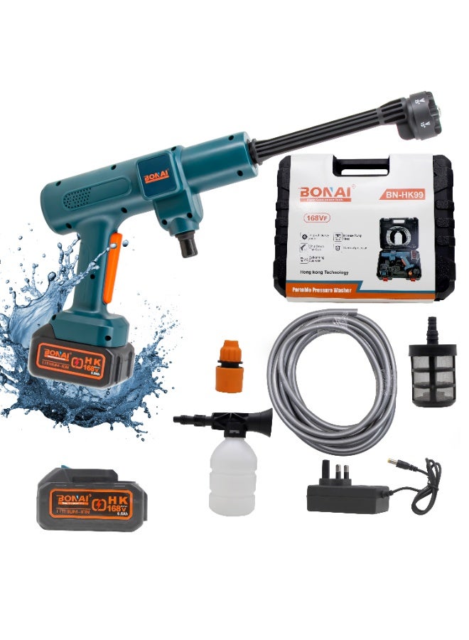 بوناي غسالة الضغط اللاسلكية BN-HK99 بقوة 168 فولت - مسدس غسيل سيارات محمول عالي الطاقة مزود ببطارية وشاحن، وفوهة 6 في 1، ومدفع رغوة، وخرطوم، وفلتر للتنظيف الخارجي، والدراجات، والحدائق - Image 1
