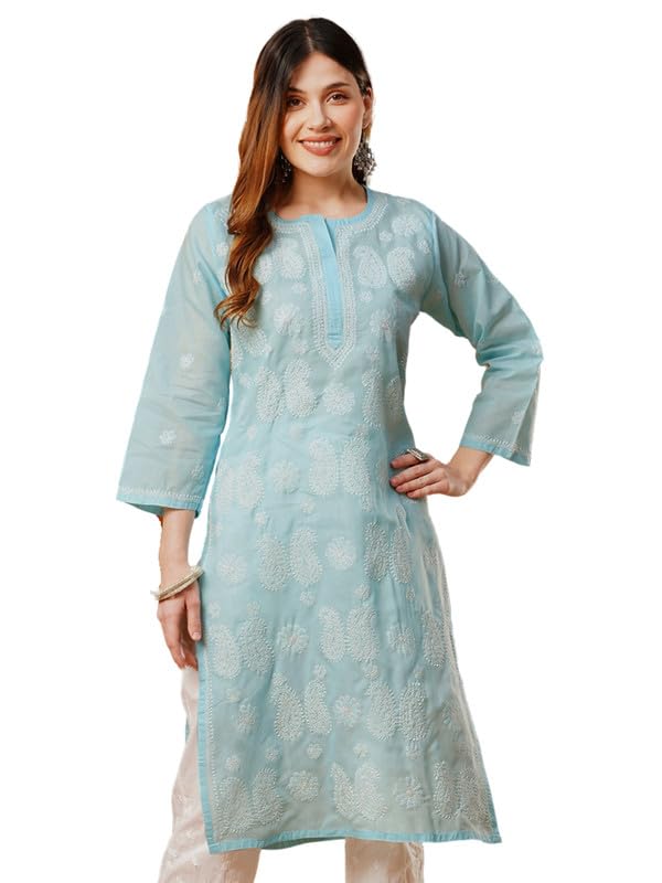 Ada Hand Embroidered Lucknowi Chikankari Cotton Kurti Kurta for Women A411616 Blue (S) - Image 1