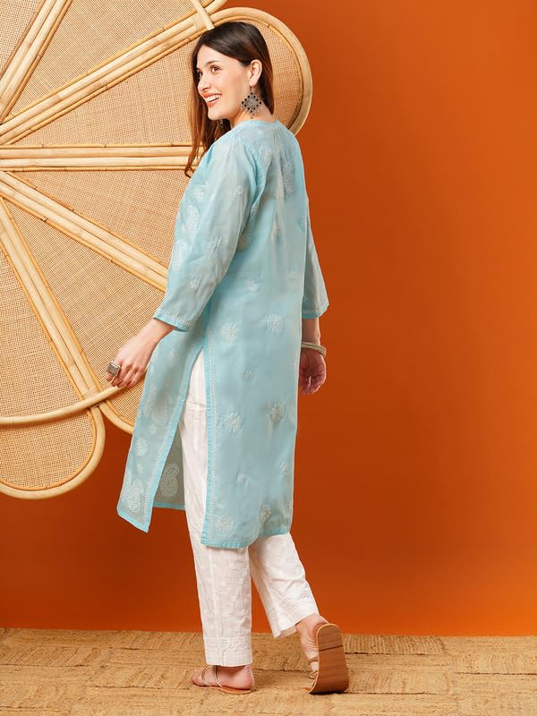 Ada Hand Embroidered Lucknowi Chikankari Cotton Kurti Kurta for Women A411616 Blue (S) - Image 2