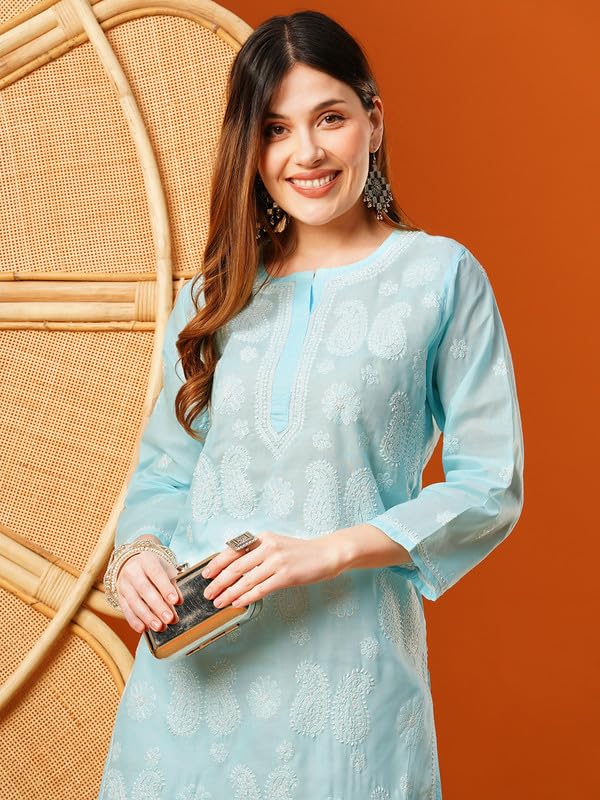 Ada Hand Embroidered Lucknowi Chikankari Cotton Kurti Kurta for Women A411616 Blue (S) - Image 5