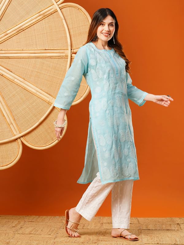Ada Hand Embroidered Lucknowi Chikankari Cotton Kurti Kurta for Women A411616 Blue (S) - Image 4