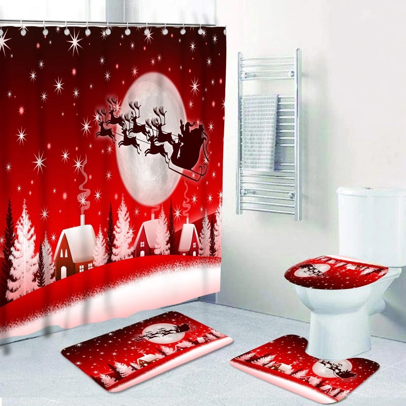 Y&D CF BS77  4 Pcs Merry Christmas Shower Curtain Sets with Non-Slip Rug Toilet Lid Cover Bath Mat for Christmas Bathroom Accessory - Image 1