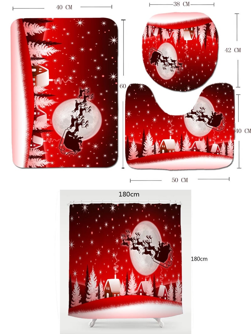 Y&D CF BS77  4 Pcs Merry Christmas Shower Curtain Sets with Non-Slip Rug Toilet Lid Cover Bath Mat for Christmas Bathroom Accessory - Image 3