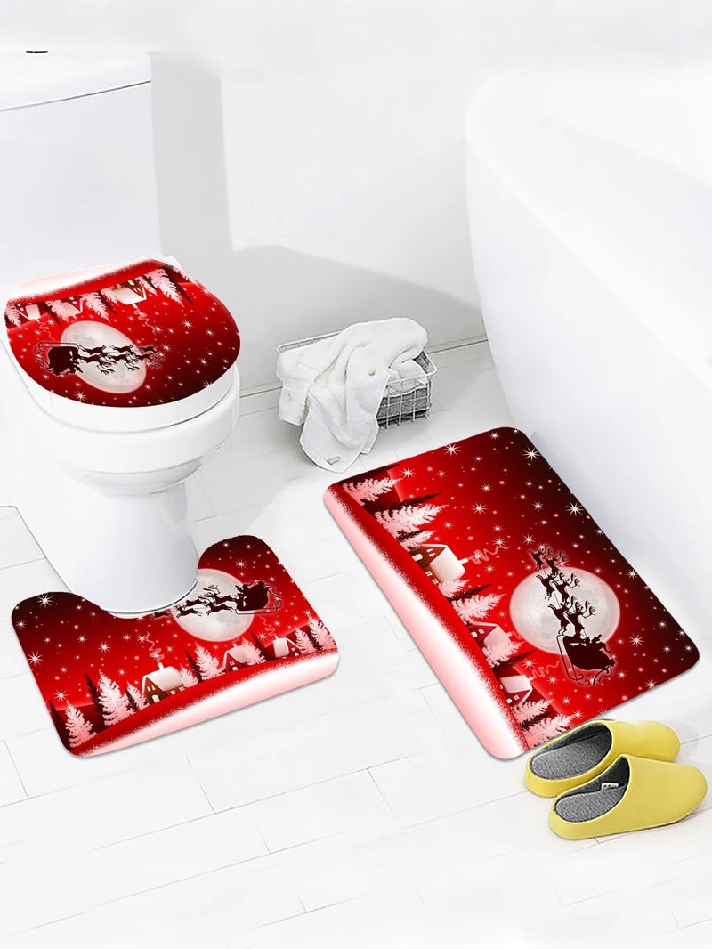 Y&D CF BS77  4 Pcs Merry Christmas Shower Curtain Sets with Non-Slip Rug Toilet Lid Cover Bath Mat for Christmas Bathroom Accessory - Image 4