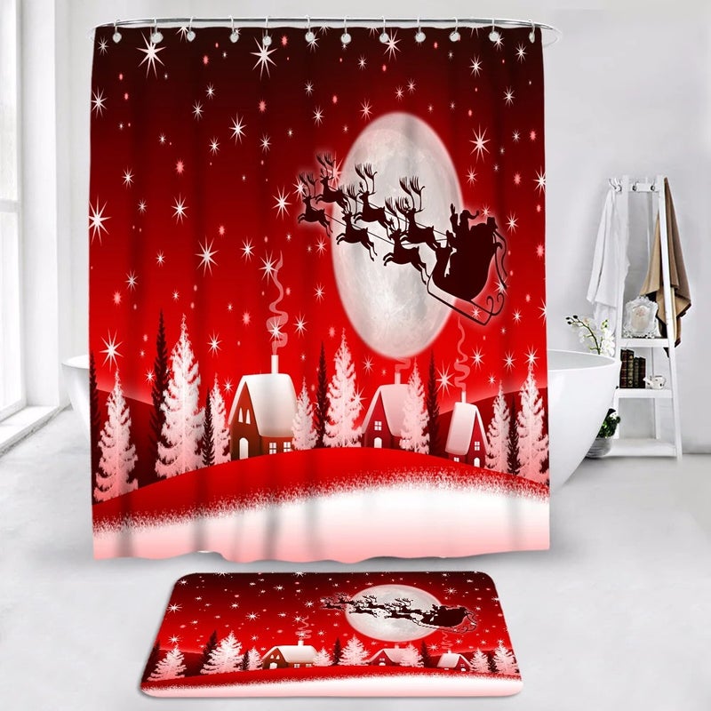 Y&D CF BS77  4 Pcs Merry Christmas Shower Curtain Sets with Non-Slip Rug Toilet Lid Cover Bath Mat for Christmas Bathroom Accessory - Image 5