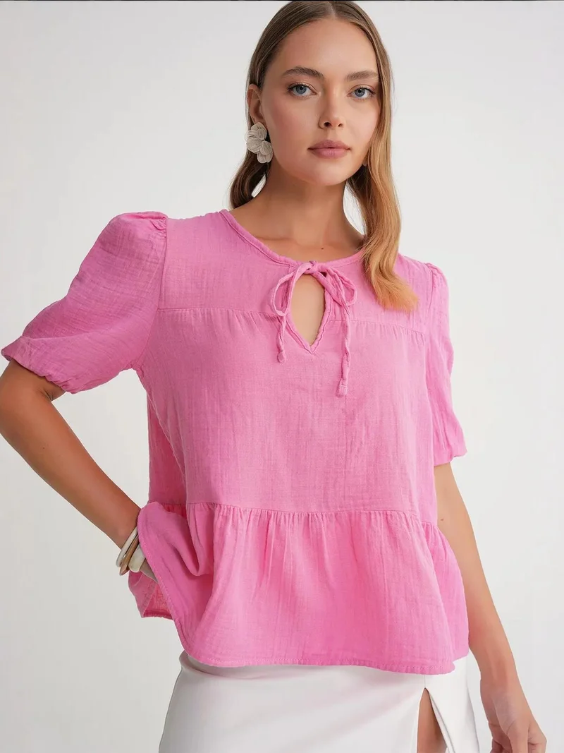 MixRay Mixray Textured Muslin Crew Neck Blouse with Binding Detail