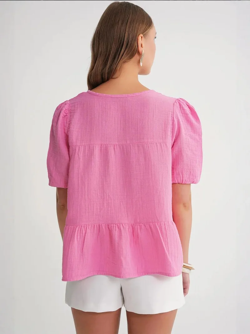 Mixray Powder Pink Mixray Textured Muslin Crew Neck Blouse with Binding Detail for Women | Best Price UAE