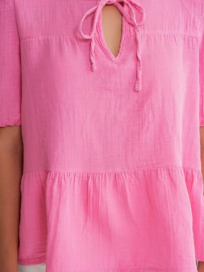 Mixray Powder Pink Mixray Textured Muslin Crew Neck Blouse with Binding Detail for Women | Best Price UAE