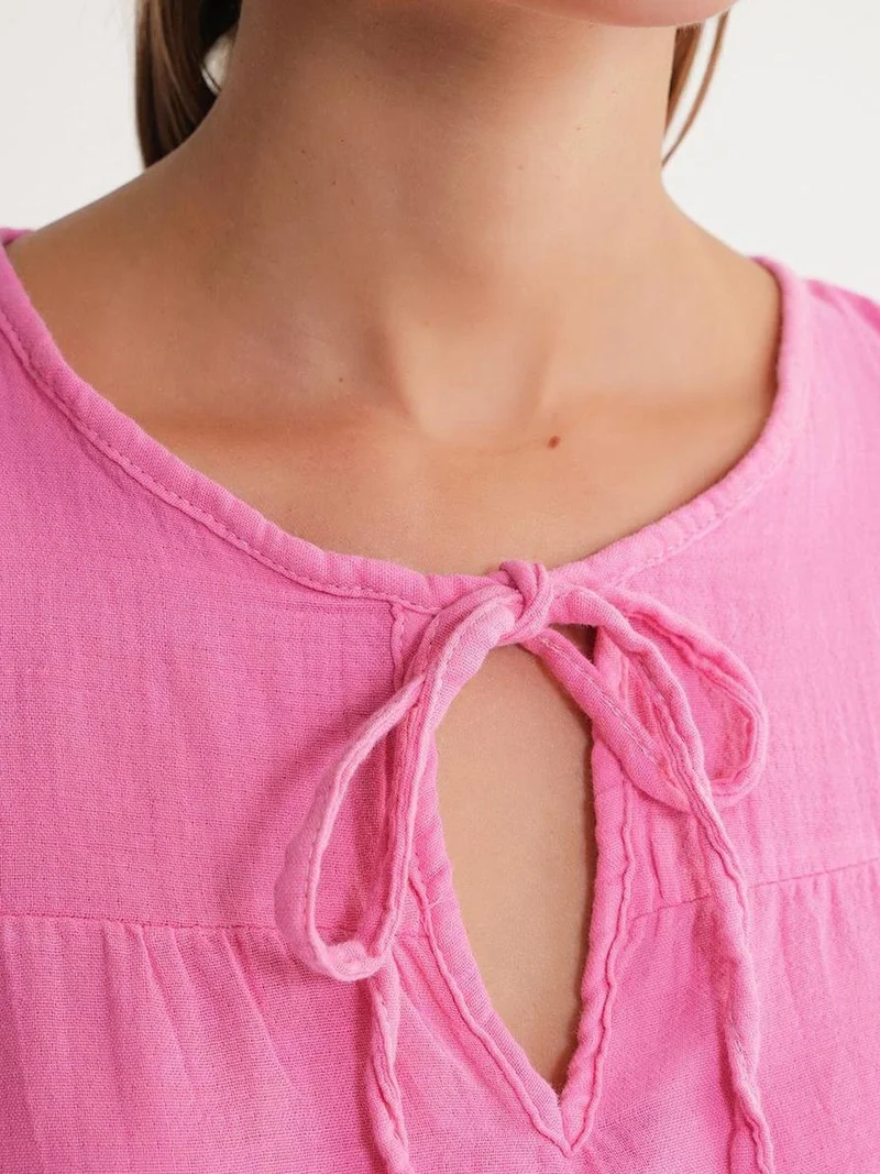 Mixray Powder Pink Mixray Textured Muslin Crew Neck Blouse with Binding Detail for Women | Best Price UAE