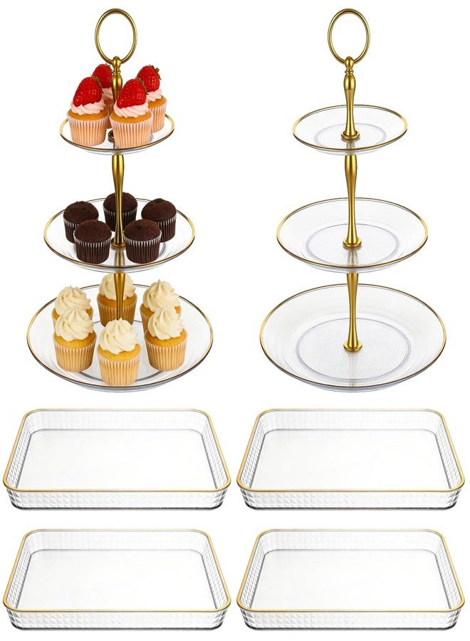 COSYOO 6 PCS Cupcake Stand Set, 3 Tiers Dessert Display Tower with Golden Rim, Rectangle Serving Trays, Clear Plastic Cake Stands Pastry Platters for Wedding Birthday Party Afternoon Tea - Image 1