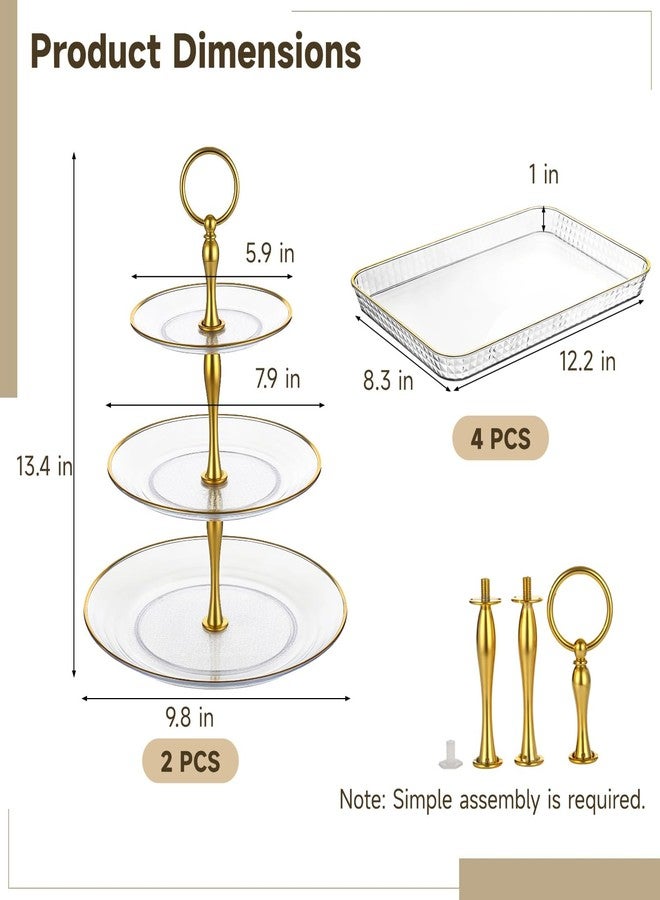 COSYOO 6 PCS Cupcake Stand Set, 3 Tiers Dessert Display Tower with Golden Rim, Rectangle Serving Trays, Clear Plastic Cake Stands Pastry Platters for Wedding Birthday Party Afternoon Tea - Image 4