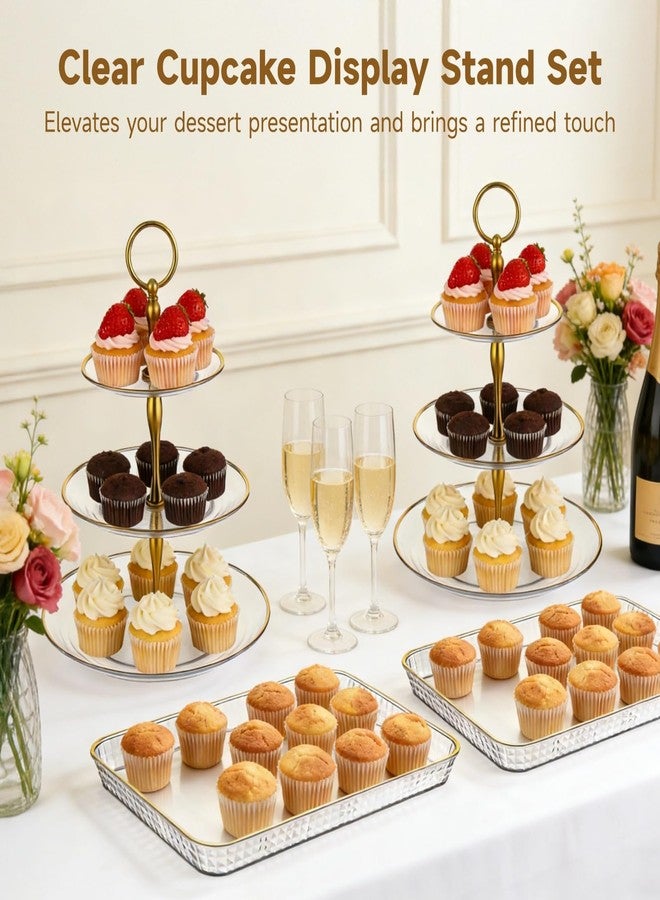 COSYOO 6 PCS Cupcake Stand Set, 3 Tiers Dessert Display Tower with Golden Rim, Rectangle Serving Trays, Clear Plastic Cake Stands Pastry Platters for Wedding Birthday Party Afternoon Tea - Image 2