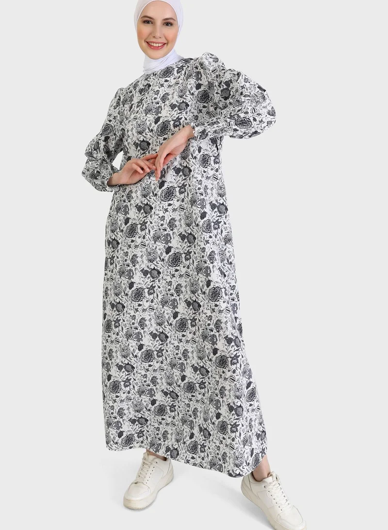 Refka by modanisa Floral Print Puff Sleeve Dress