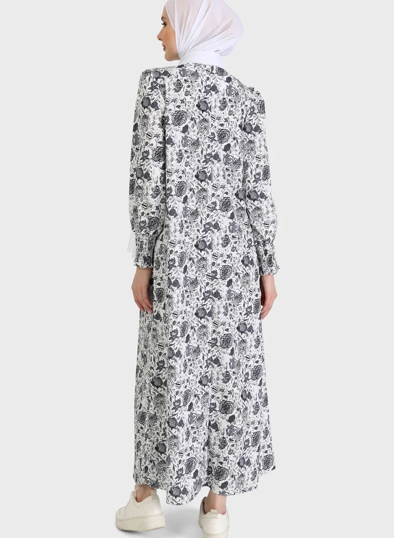 Refka by modanisa Floral Print Puff Sleeve Dress