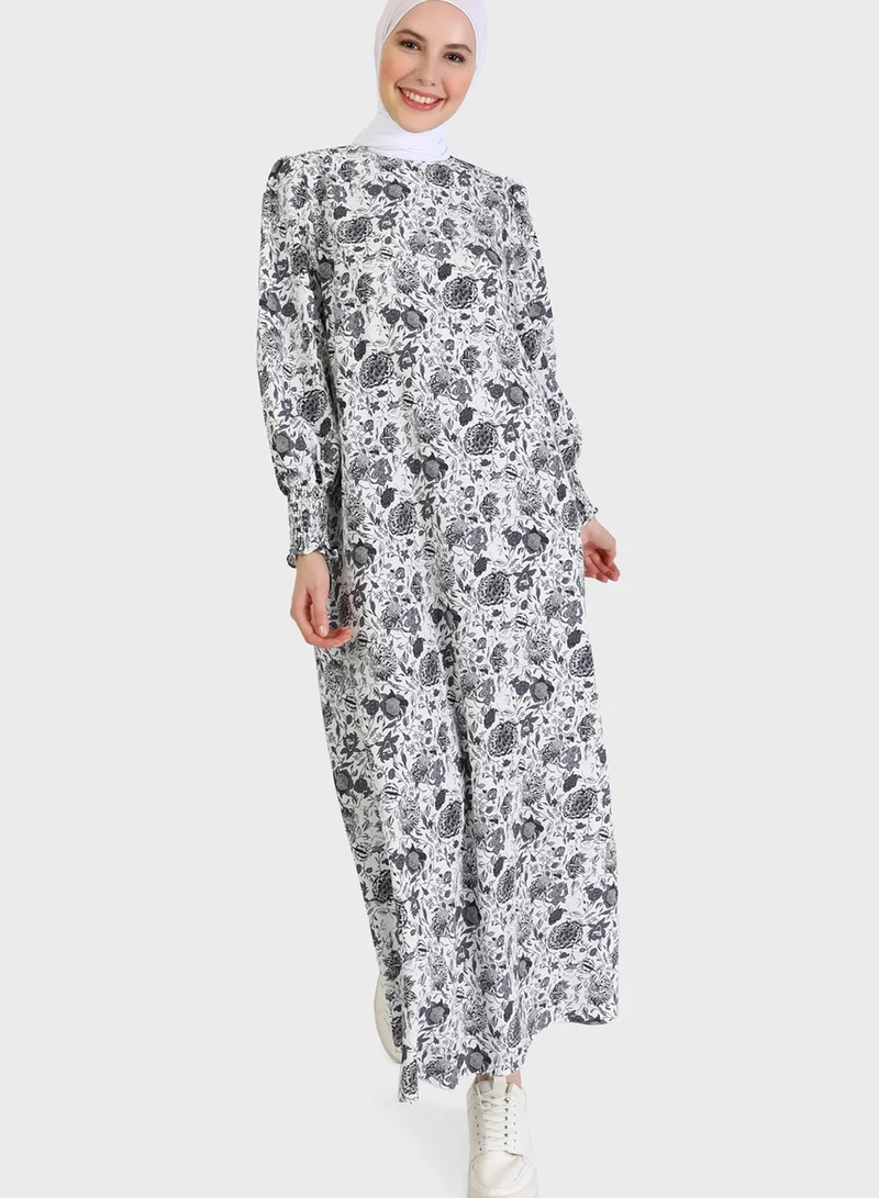 Refka by modanisa Floral Print Puff Sleeve Dress