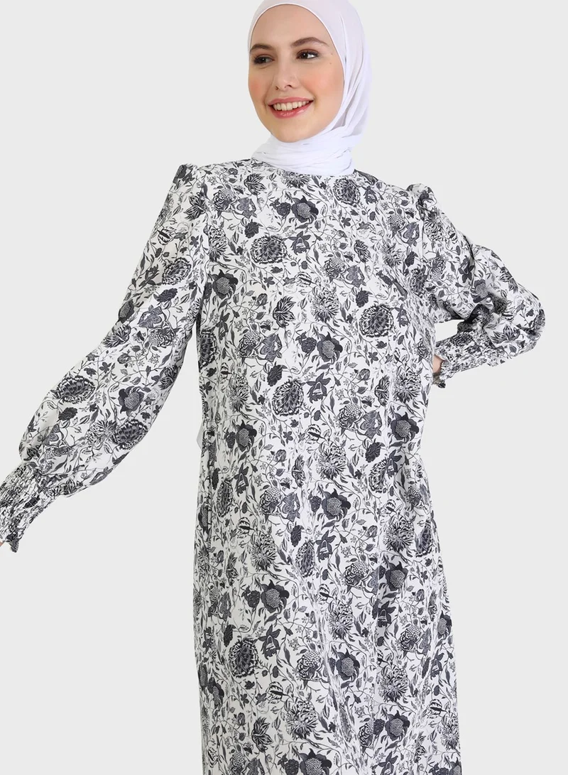 Refka by modanisa Floral Print Puff Sleeve Dress