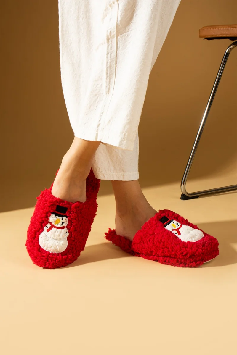Pembe Potin Pink Potin Cold Proof Snowman Printed Wool Women's Home Slippers K100-25