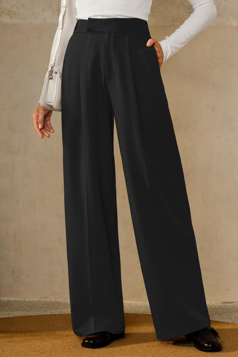 Arach&Cloz Trousers Pants for Women 2026 Dress Pants Wrinkle Free Wide Leg High Elastic Waisted Pleated Loose Palazzo Slacks Pocket Work Business Casual Teacher Outfits Ankle Petite Regular Black L - Image 3