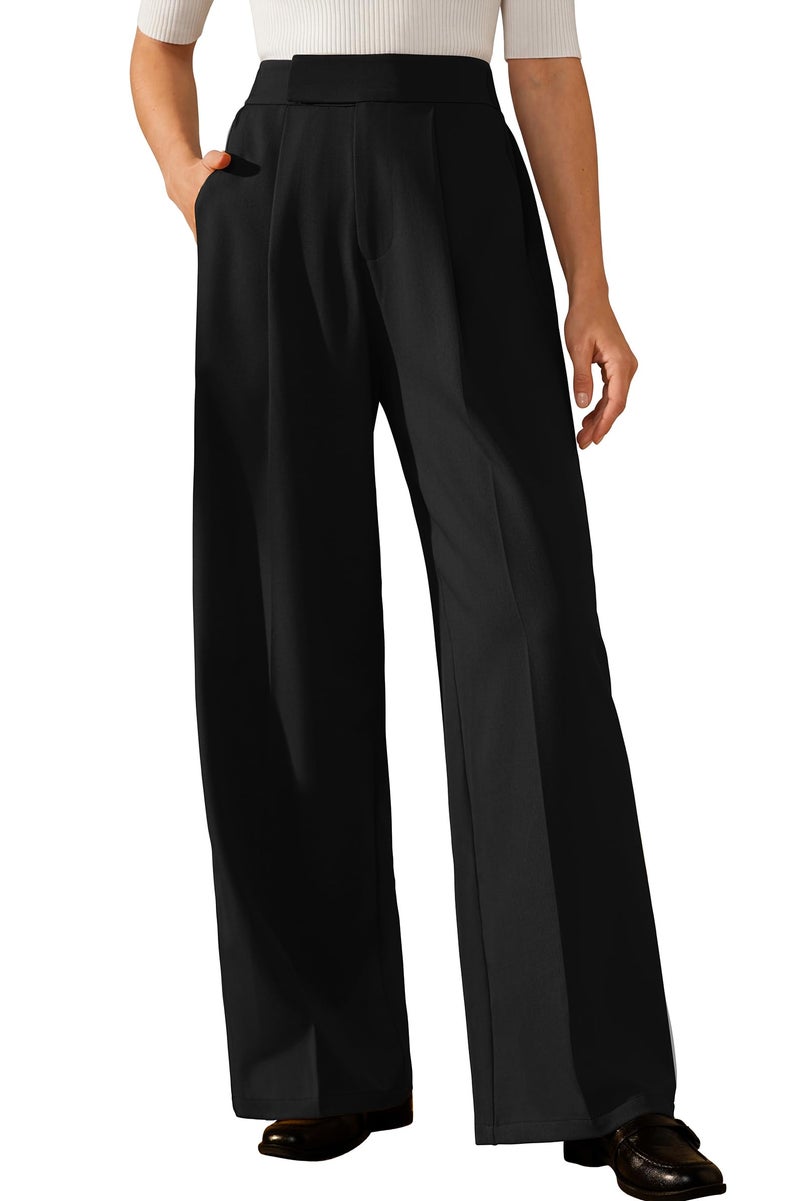 Arach&Cloz Trousers Pants for Women 2026 Dress Pants Wrinkle Free Wide Leg High Elastic Waisted Pleated Loose Palazzo Slacks Pocket Work Business Casual Teacher Outfits Ankle Petite Regular Black L - Image 1