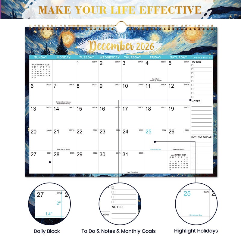 Journaltastic Calendar 2026-2027 - Wall Calendar 2026-2027, July 2026 - December 2027, 15" x 11.5", 18 Monthly Wall Calendars, Twin-Wire Binding + Hanging Hook + Thick Paper + Julian Dates - Starry Skies - Image 4