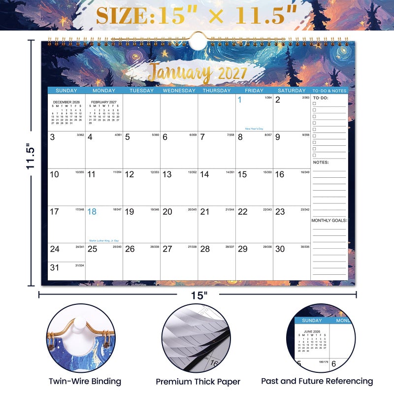 Journaltastic Calendar 2026-2027 - Wall Calendar 2026-2027, July 2026 - December 2027, 15" x 11.5", 18 Monthly Wall Calendars, Twin-Wire Binding + Hanging Hook + Thick Paper + Julian Dates - Starry Skies - Image 5