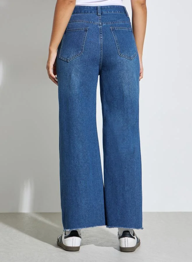 Styli Medium Blue Blue Wide Leg Faded Jeans for Women | Best Price UAE